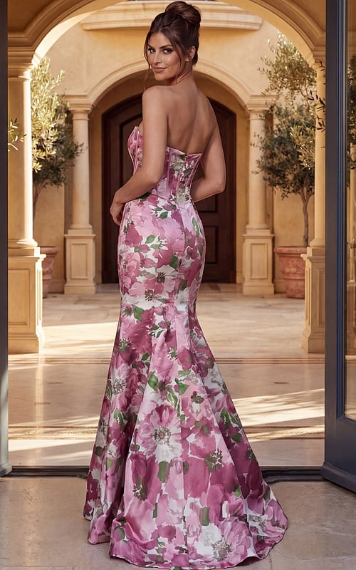 back view of strapless prom dress with open back and fitted silhouette