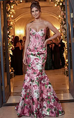 fitted evening dress front view with floral texture and modern silhouette