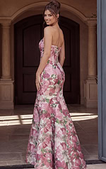 elegant evening gown with floral appliqué and fitted silhouette