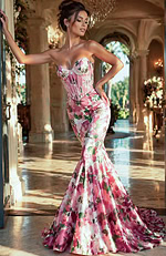 glamorous prom dress front view with structured bodice and slim fit