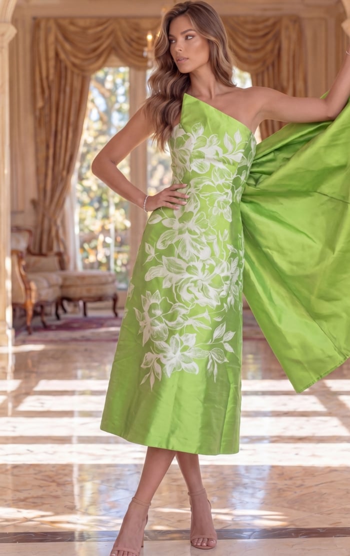 lime green and white floral print strapless midi dress
