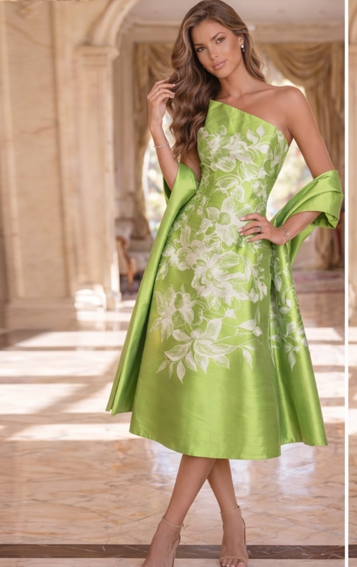 lime green and white floral print strapless midi dress
