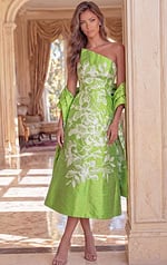 lime green and white floral print strapless midi dress