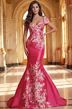 Pink mermaid evening gown with large floral print