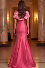 Pink floral evening dress with structured bodice and flared hem