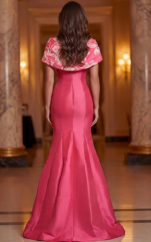 Pink floral evening dress with structured bodice and flared hem