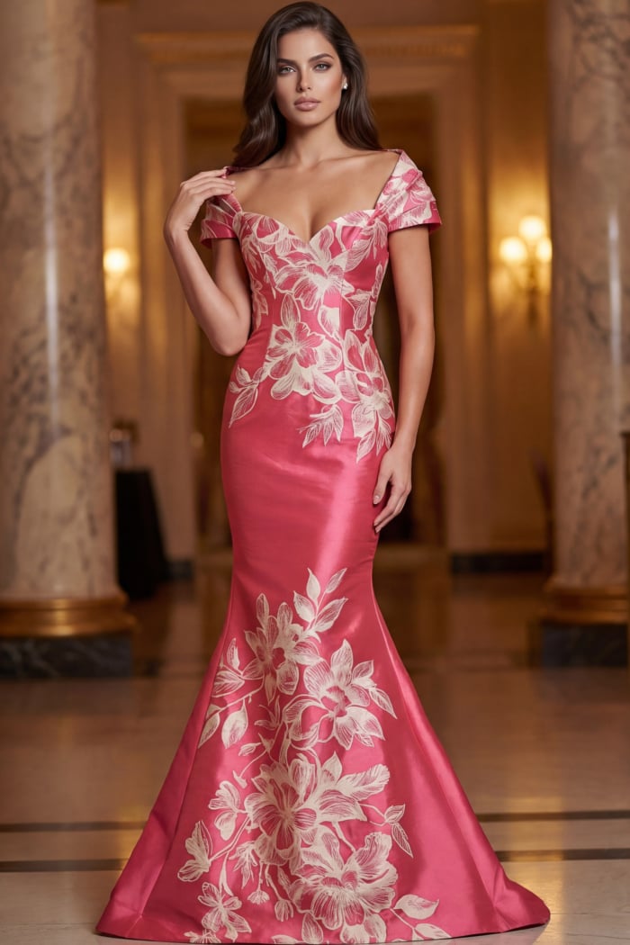 pink mermaid gown with off shoulder collar detail