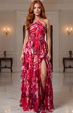 Floral halter gown with ruffled skirt