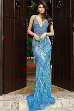 v neckline fringe blue dress 49650