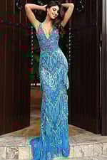 Jovani 49650 peacock blue V neck fitted prom dress with intricate crystal beading, tiered fringe detailing, and a sweep train
