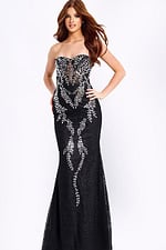 Strapless lace prom dress with silver vine embellishments