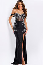 Off shoulder beaded prom dress with sheer corset and slit