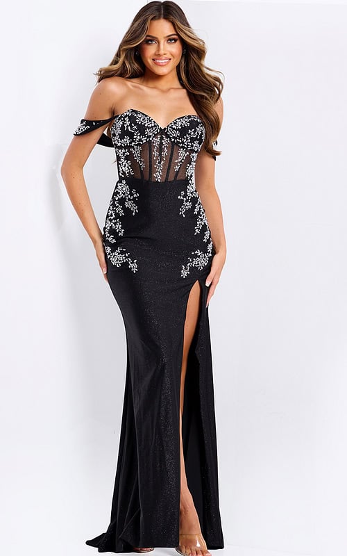 Off shoulder beaded prom dress with sheer corset and slit