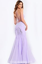 Open back lavender gown with lace-up straps and shimmer details