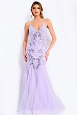 Lavender lace prom dress with sequin embellishments
