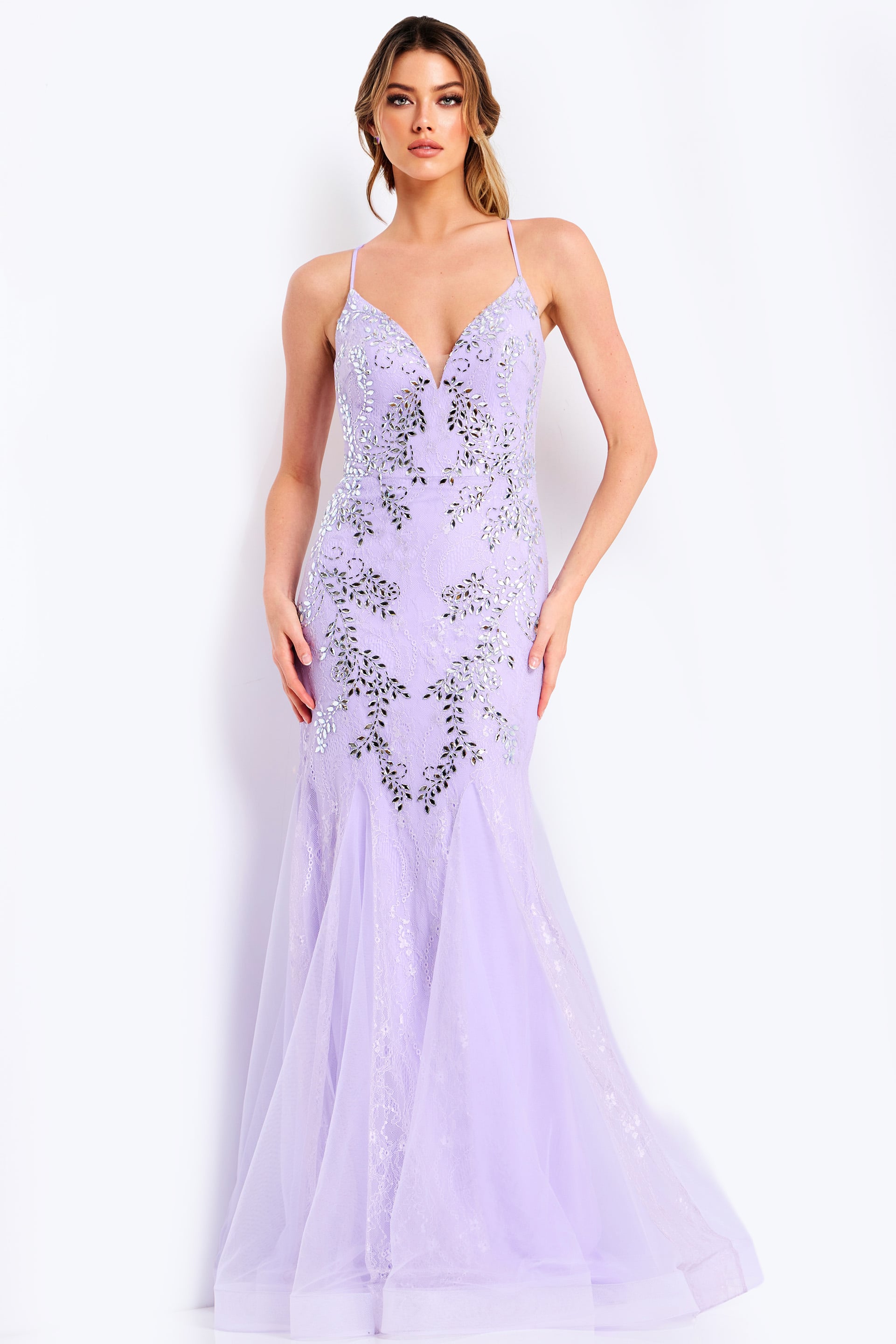 49660-15 Lavender lace prom dress with sequin embellishments