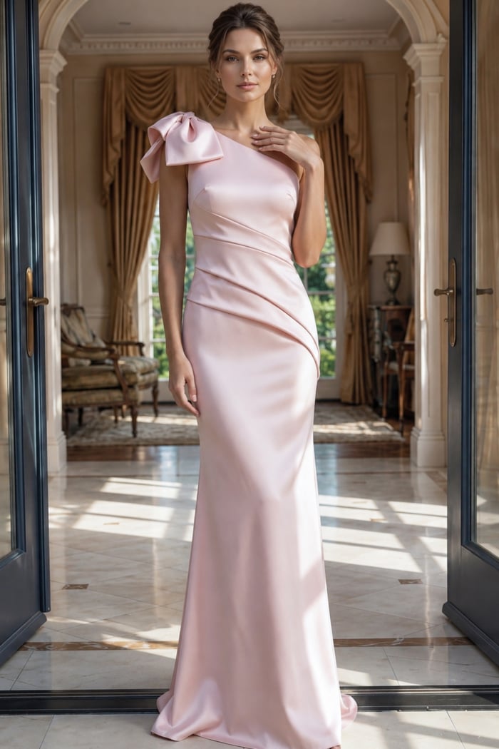 pink satin one shoulder mermaid gown with oversized bow and ruched bodice