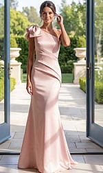 pink satin one shoulder mermaid gown with oversized bow and ruched bodice
