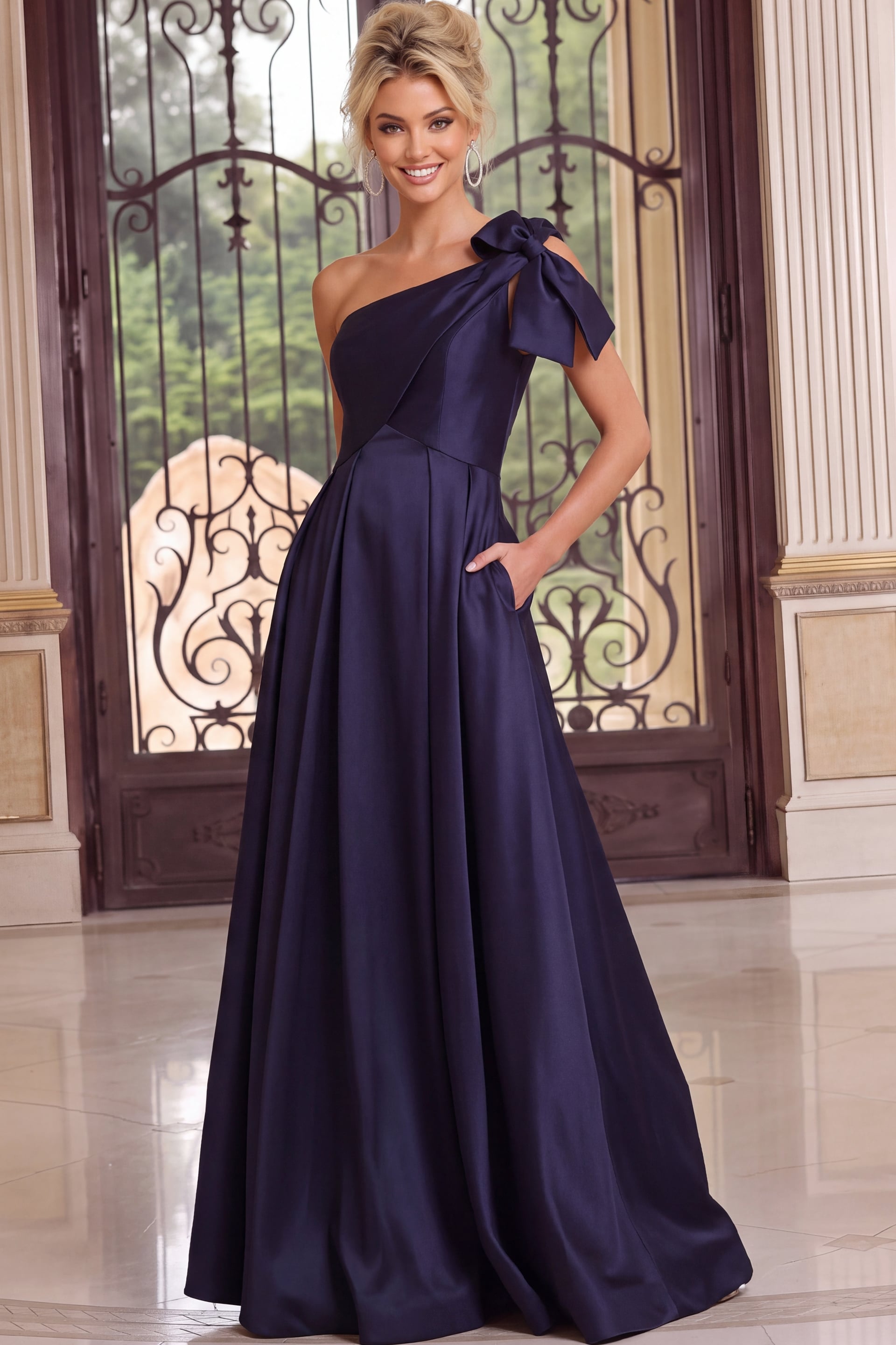 Floor-length navy evening gown with fitted bodice and flowing satin skirt