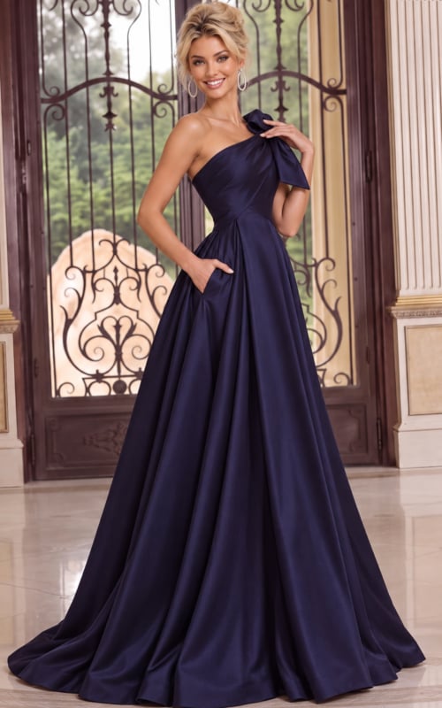 navy satin gown with single shoulder strap, bow detail, and full skirt