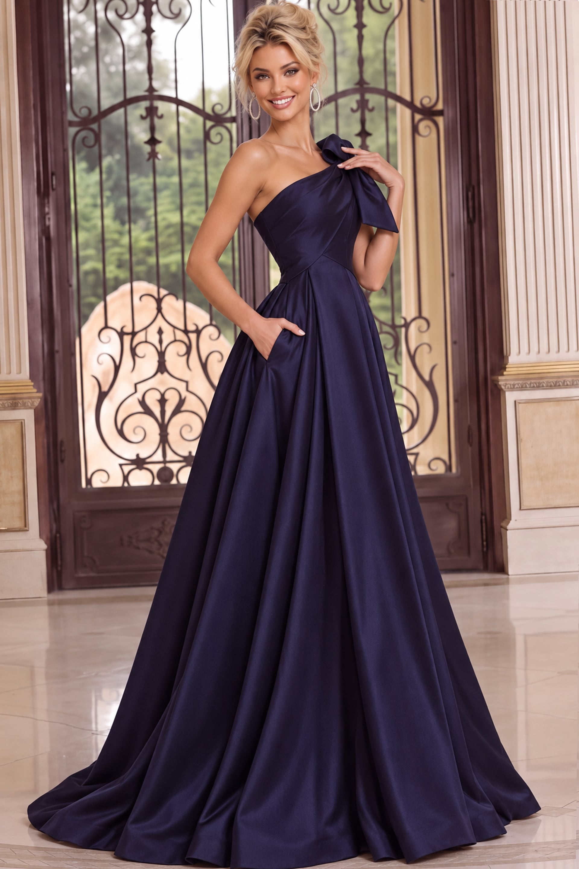 navy satin gown with single shoulder strap, bow detail, and full skirt