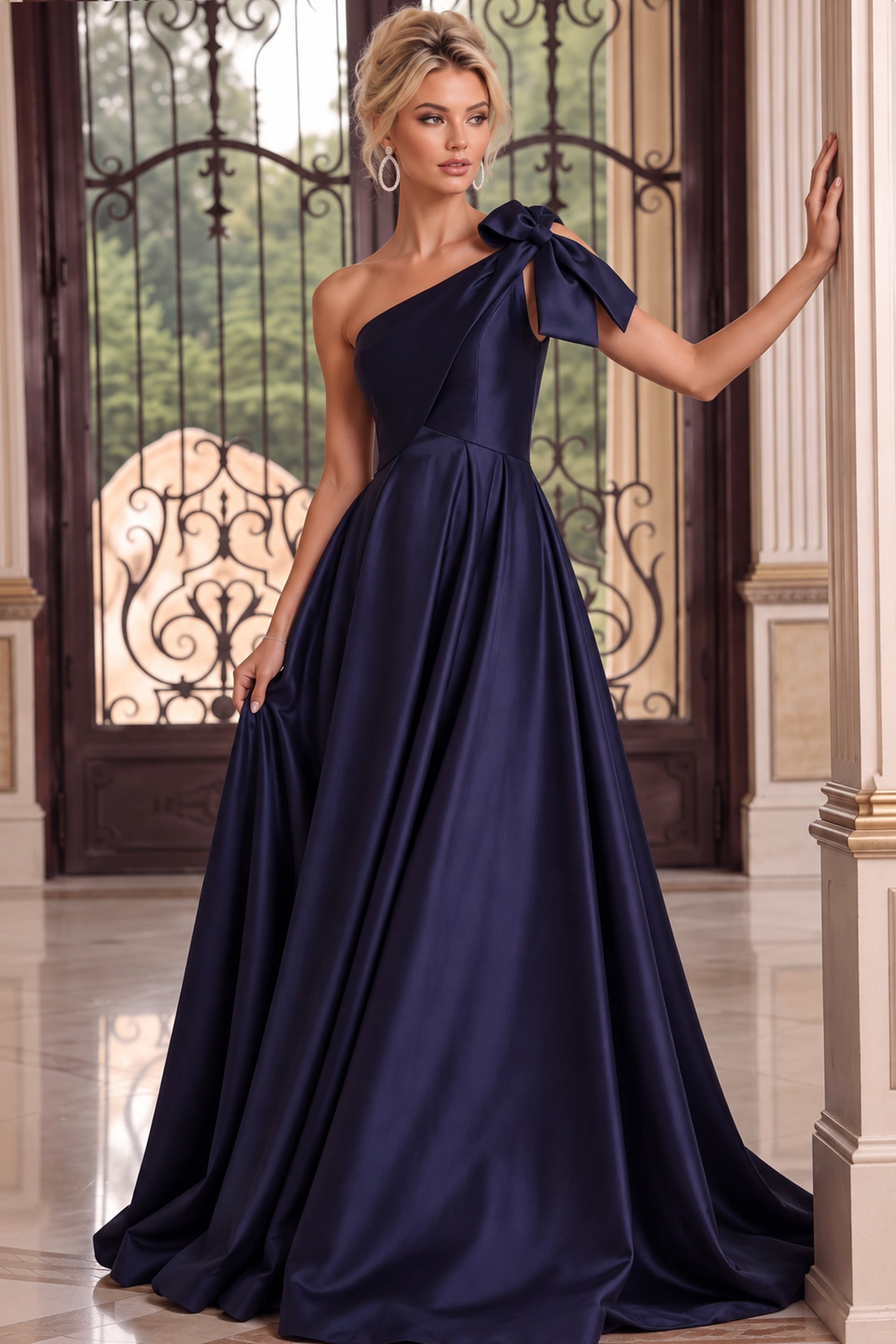 Elegant navy satin ball gown with asymmetric neckline and oversized shoulder bow