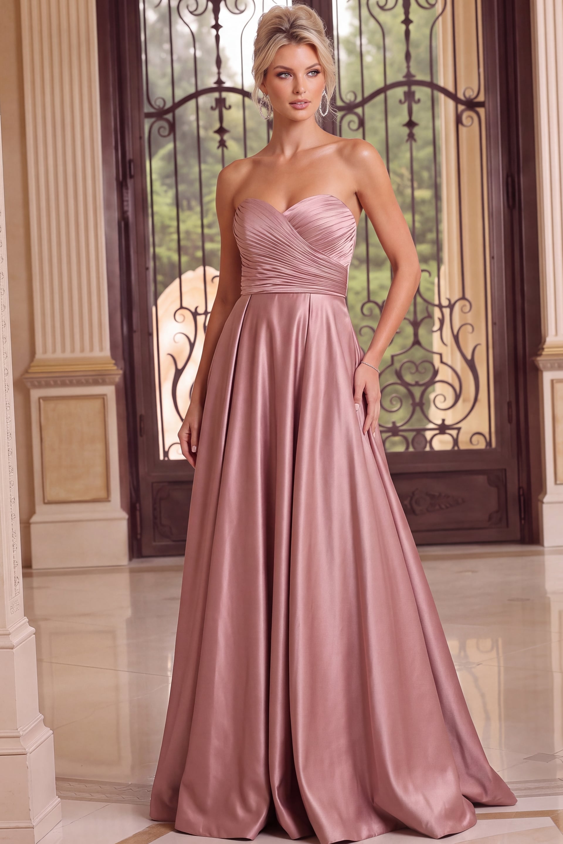 Mauve satin strapless evening dress with crossover ruched bodice and softly flowing full-length skirt