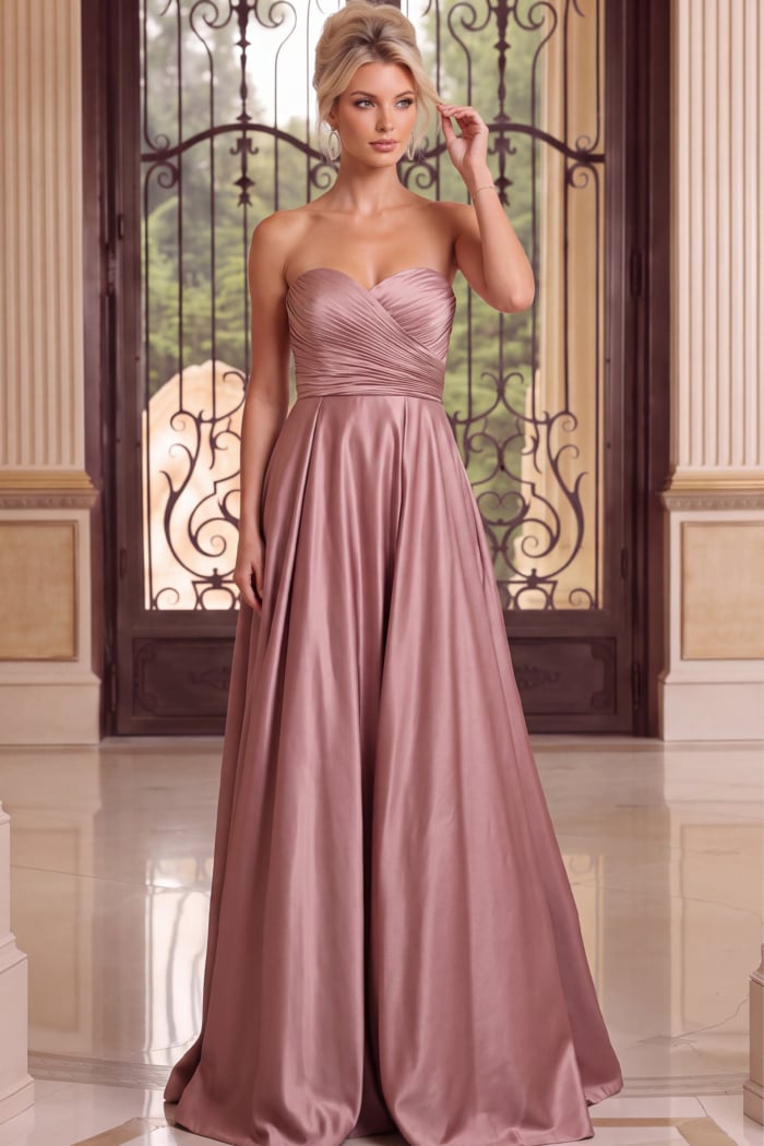 Front view of dusty rose satin gown with strapless sweetheart bodice and floor-length A-line silhouette