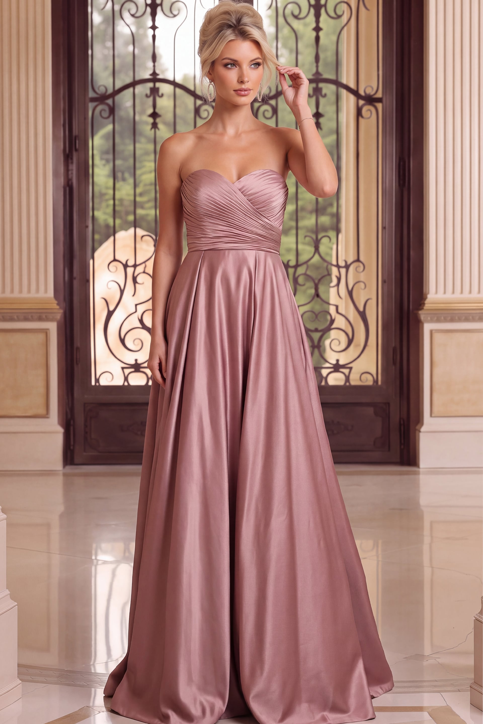 Front view of dusty rose satin gown with strapless sweetheart bodice and floor-length A-line silhouette