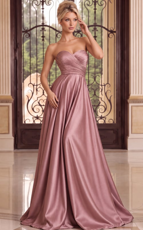 Dusty rose strapless satin ball gown with sweetheart neckline, fitted ruched waist, and sweeping skirt