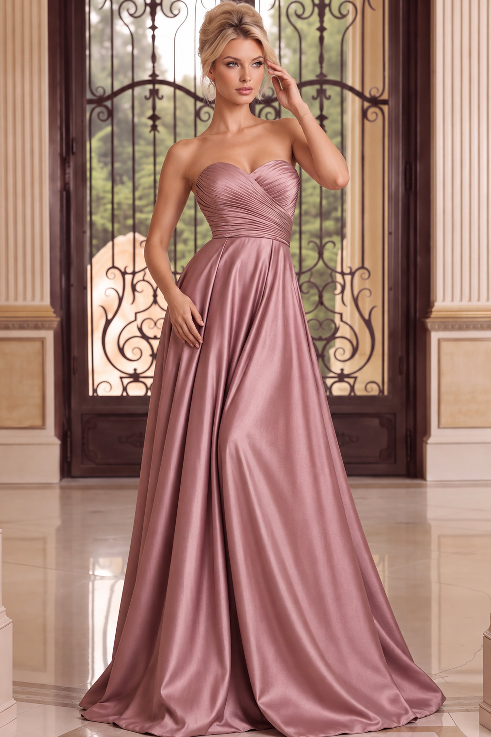 Dusty rose strapless satin ball gown with sweetheart neckline, fitted ruched waist, and sweeping skirt