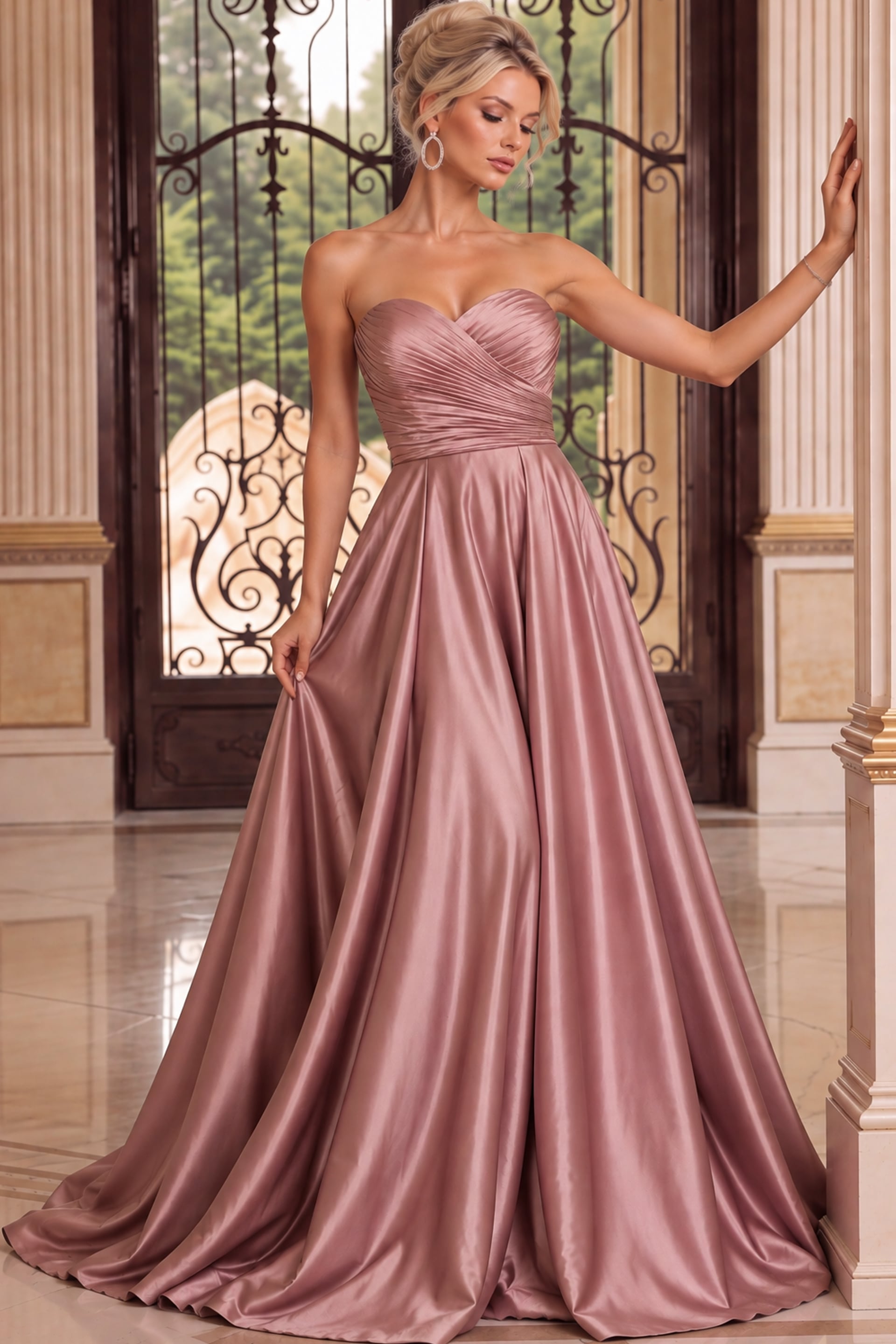 Mauve pink strapless formal gown with pleated wrap bodice and elegant full satin skirt