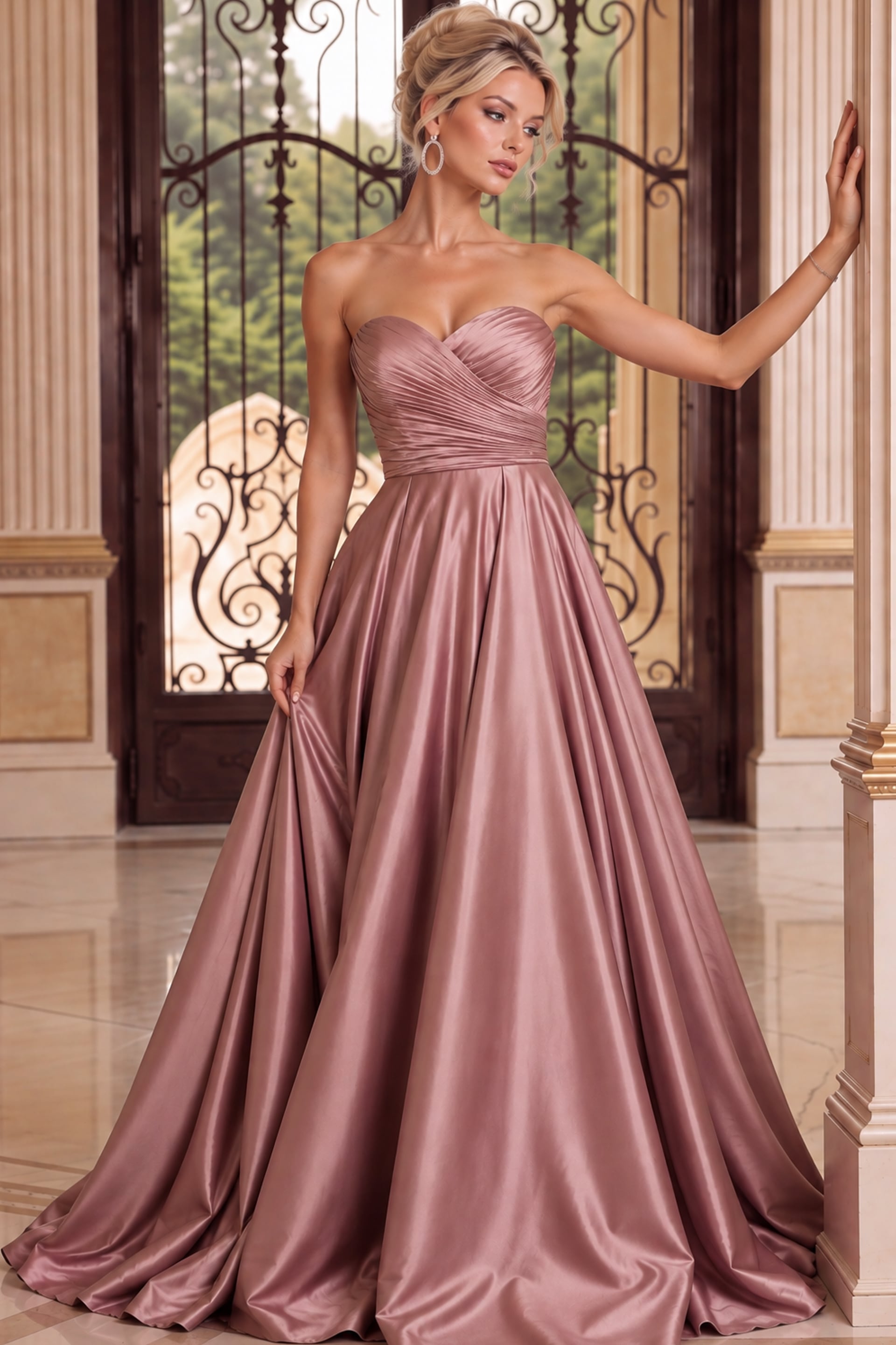 Dusty rose satin evening gown featuring a strapless sweetheart neckline, ruched bodice, and flowing skirt