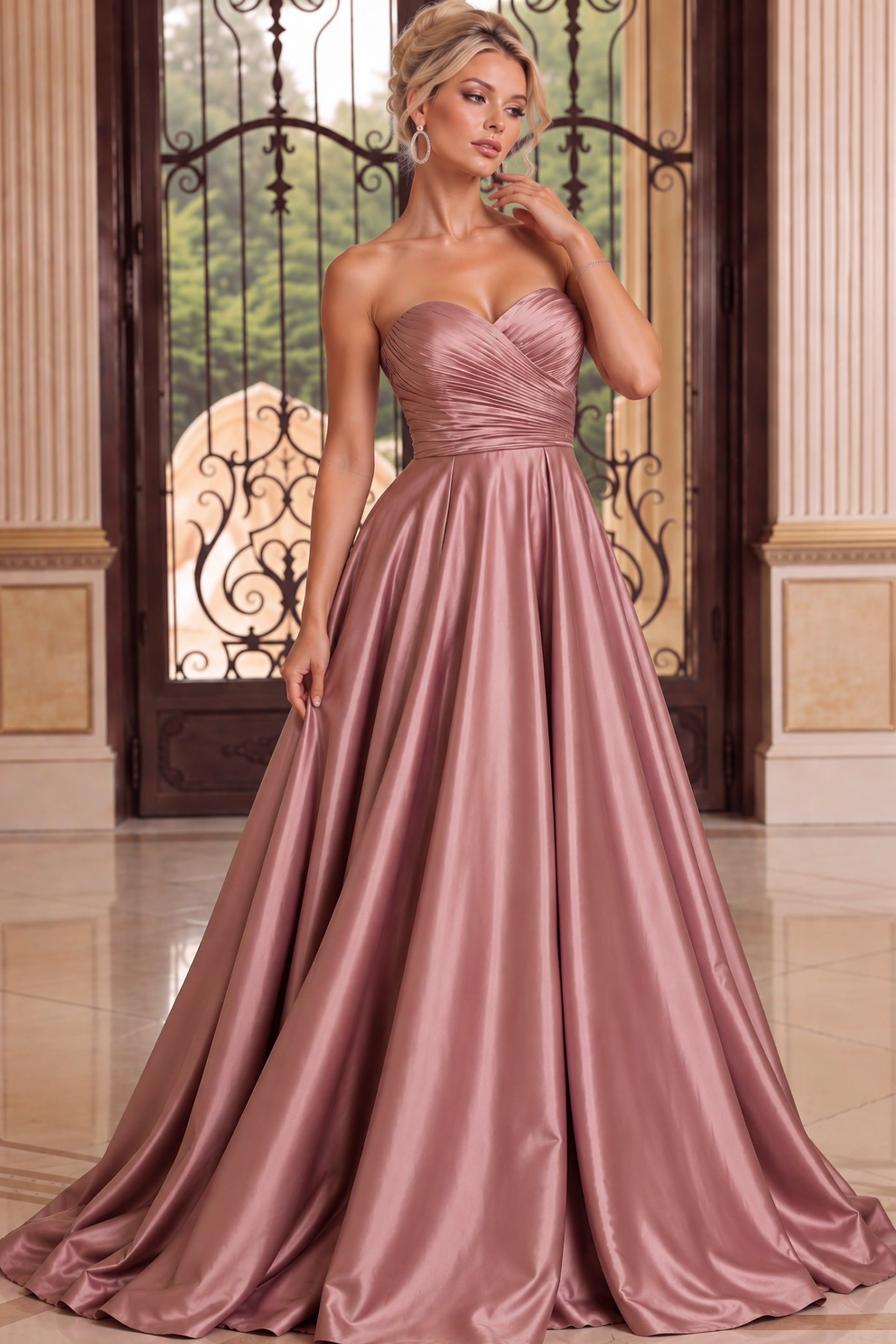 Dusty rose strapless satin gown with ruched sweetheart bodice and full floor-length A-line skirt