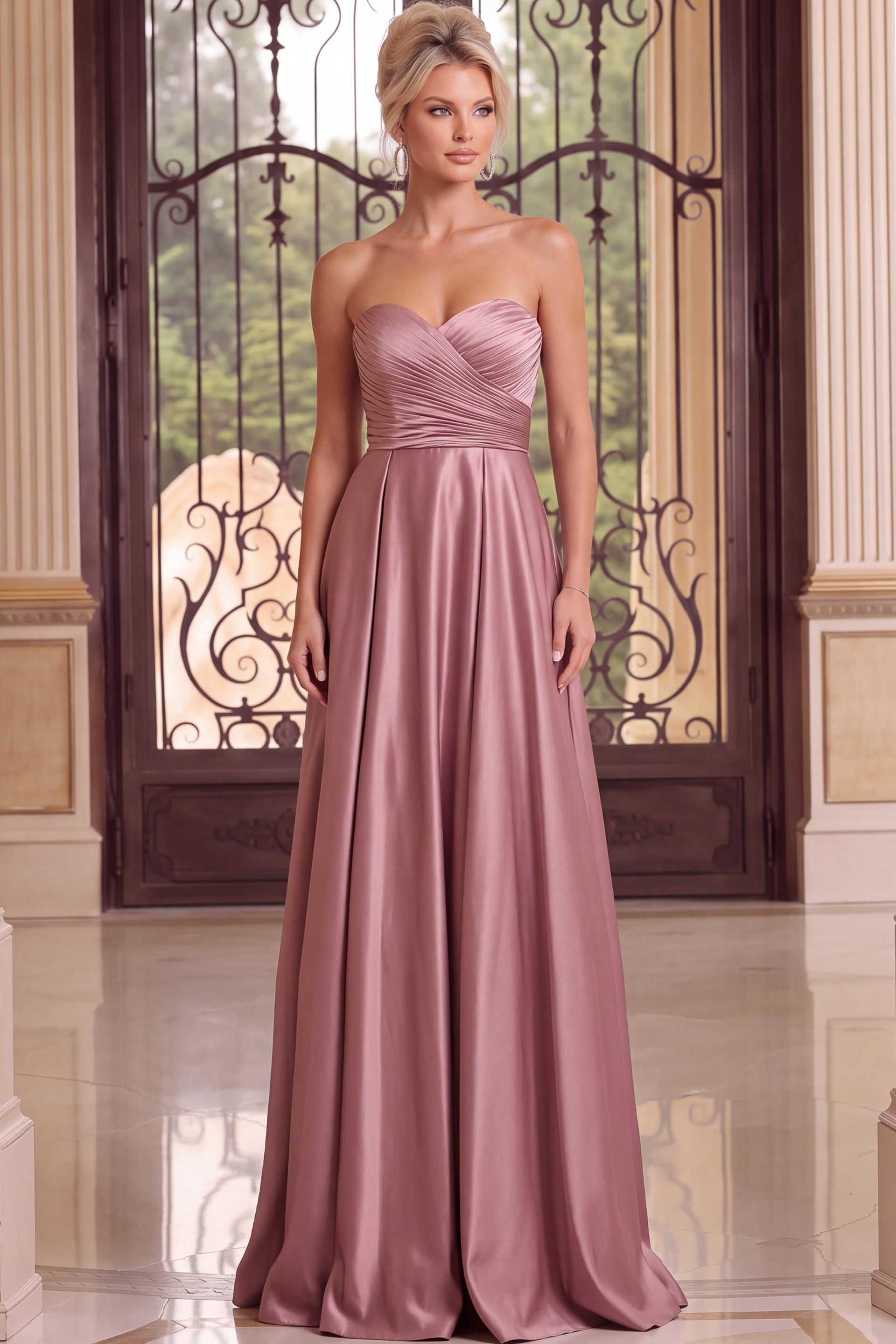 Dusty Rose Strapless Satin A-Line Gown
