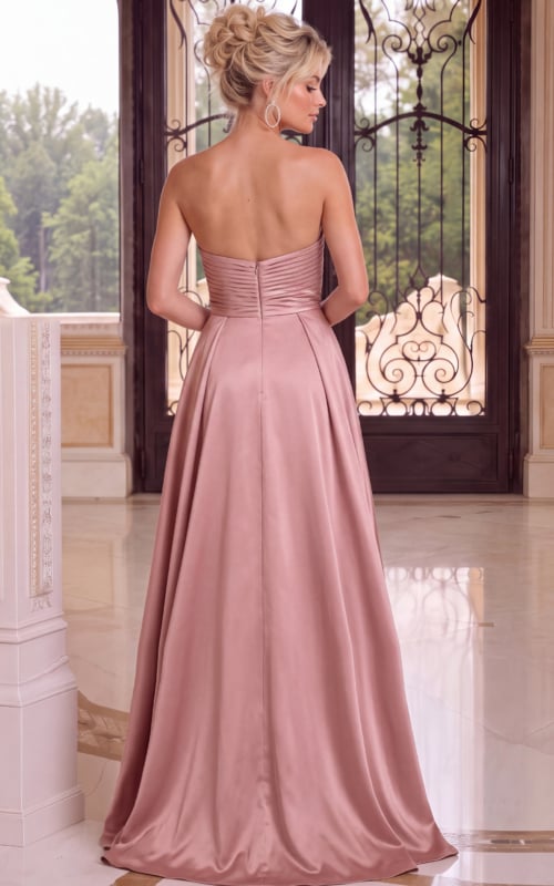 Back view of dusty rose strapless satin gown with ruched bodice, back zipper, and full-length skirt