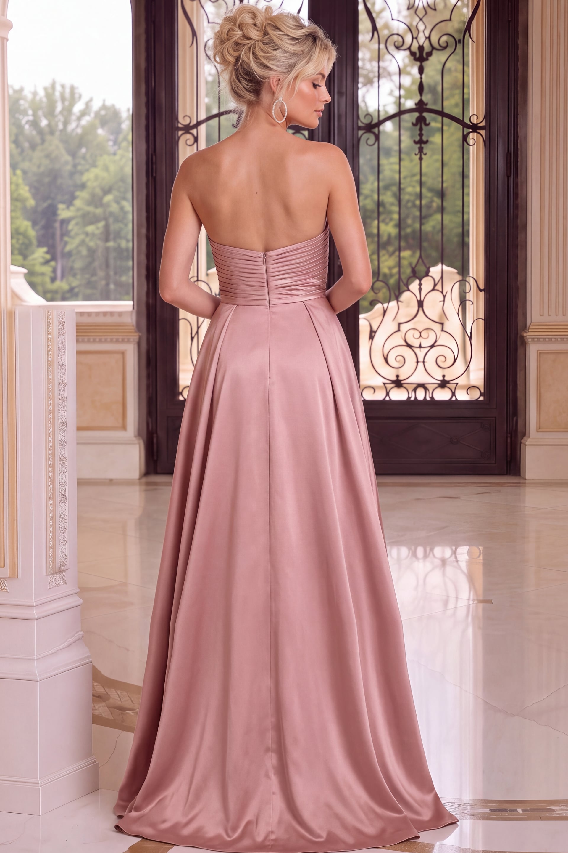 Back view of dusty rose strapless satin gown with ruched bodice, back zipper, and full-length skirt