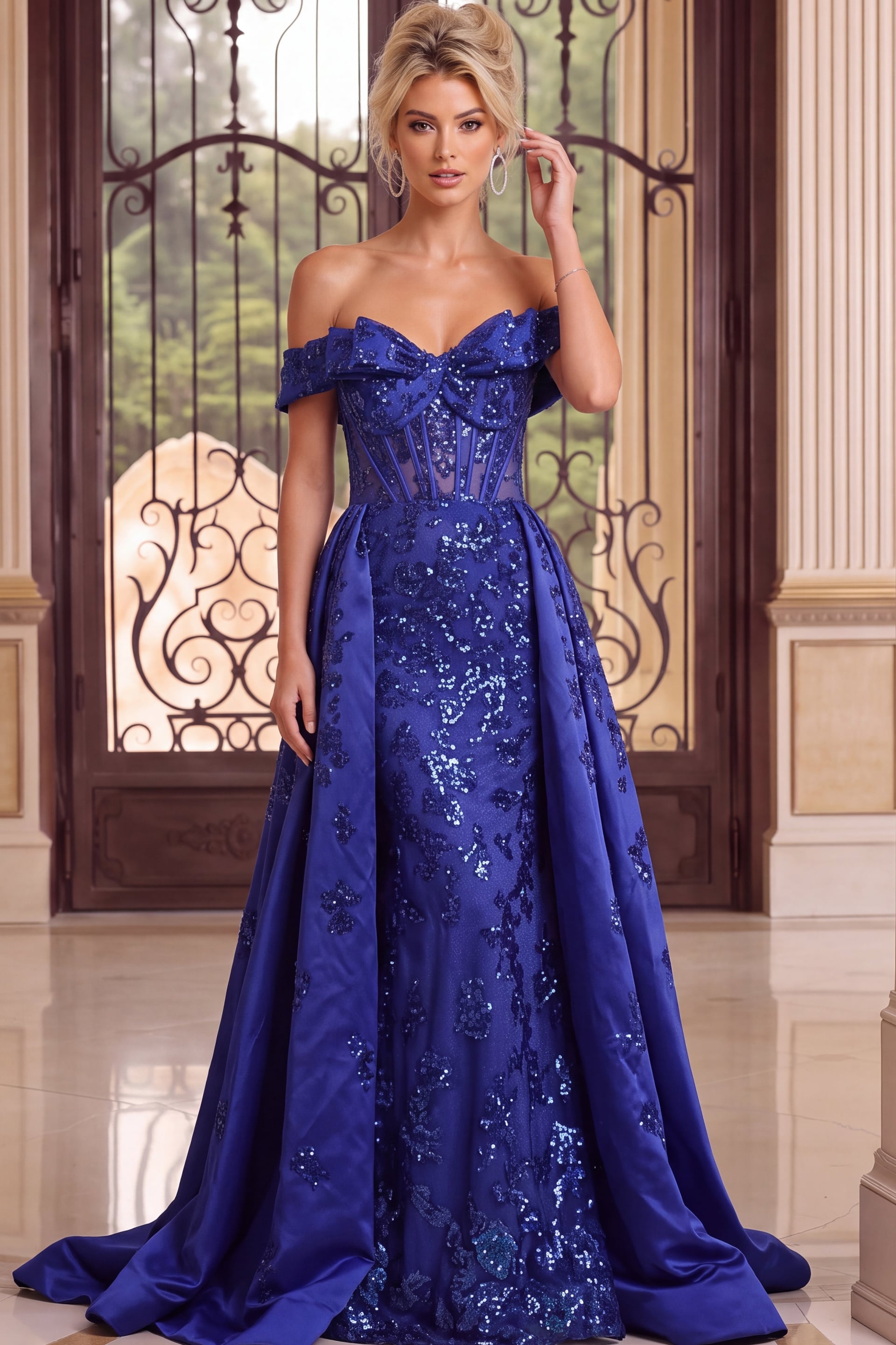 Royal blue formal gown with off-the-shoulder bow detail, sheer boned corset, sequin embroidery, and flowing overskirt