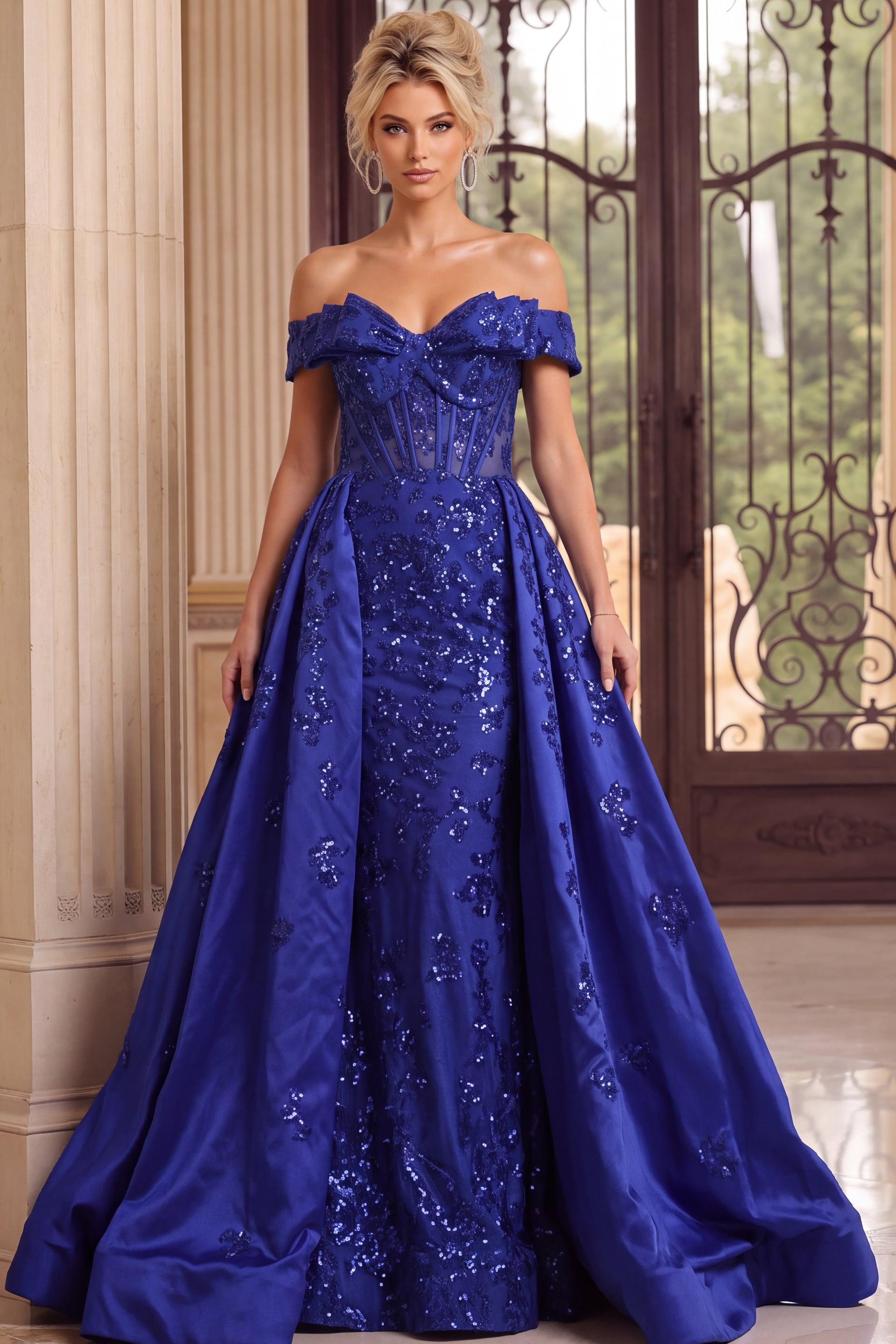 Front view of royal blue off-the-shoulder gown with sequined corset bodice, fitted skirt, and satin train