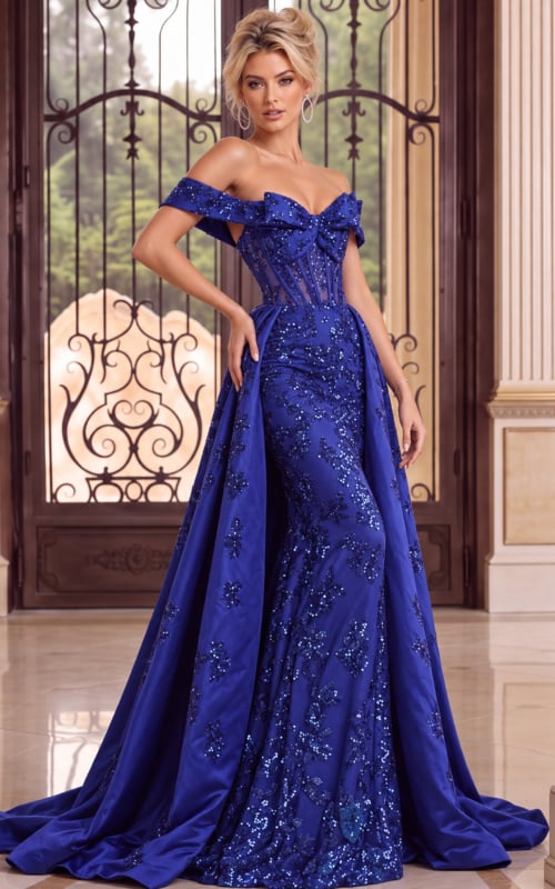 Royal blue sequin evening gown featuring an off-the-shoulder bow bodice, corset waist, and sweeping overskirt