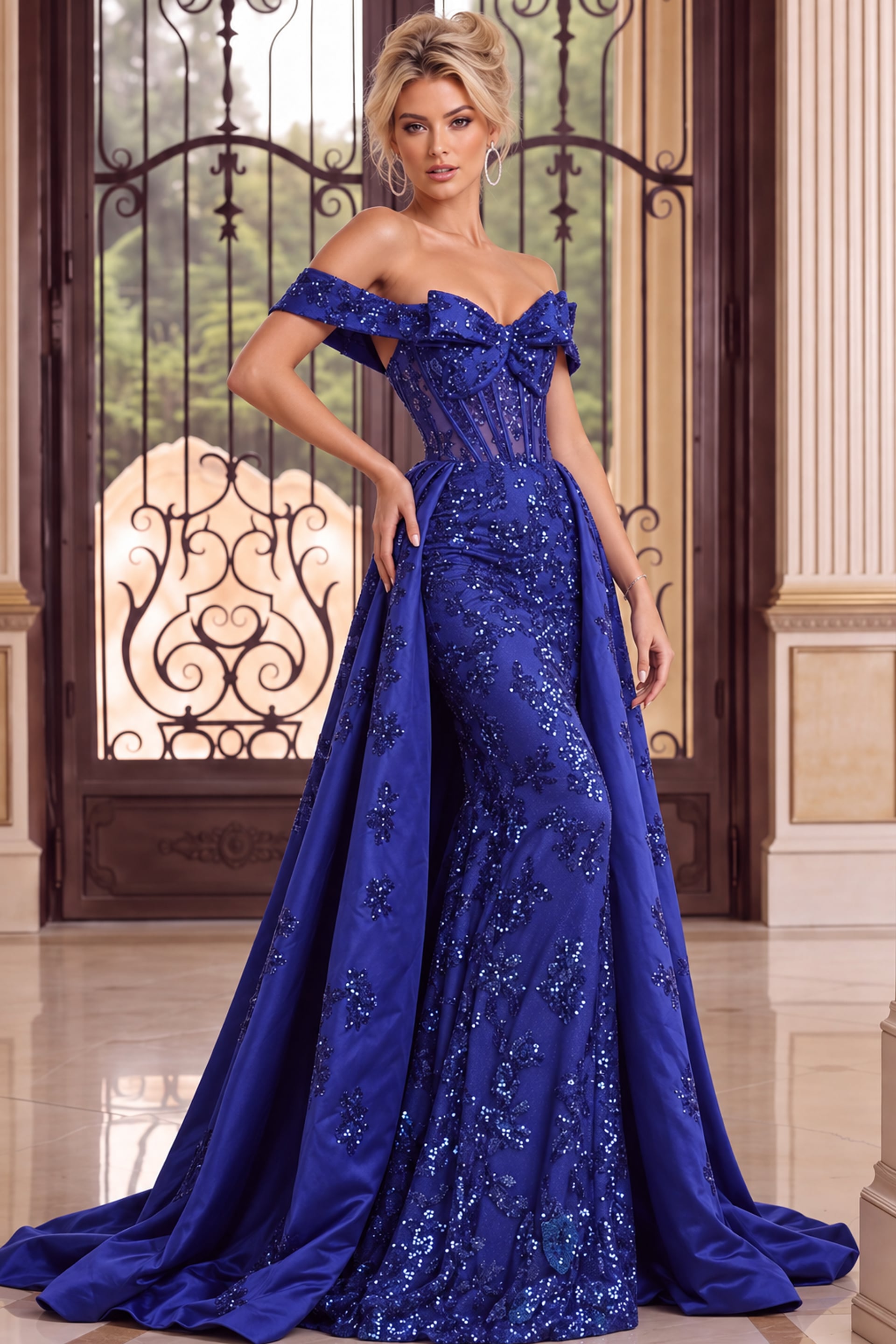 Royal blue sequin evening gown featuring an off-the-shoulder bow bodice, corset waist, and sweeping overskirt