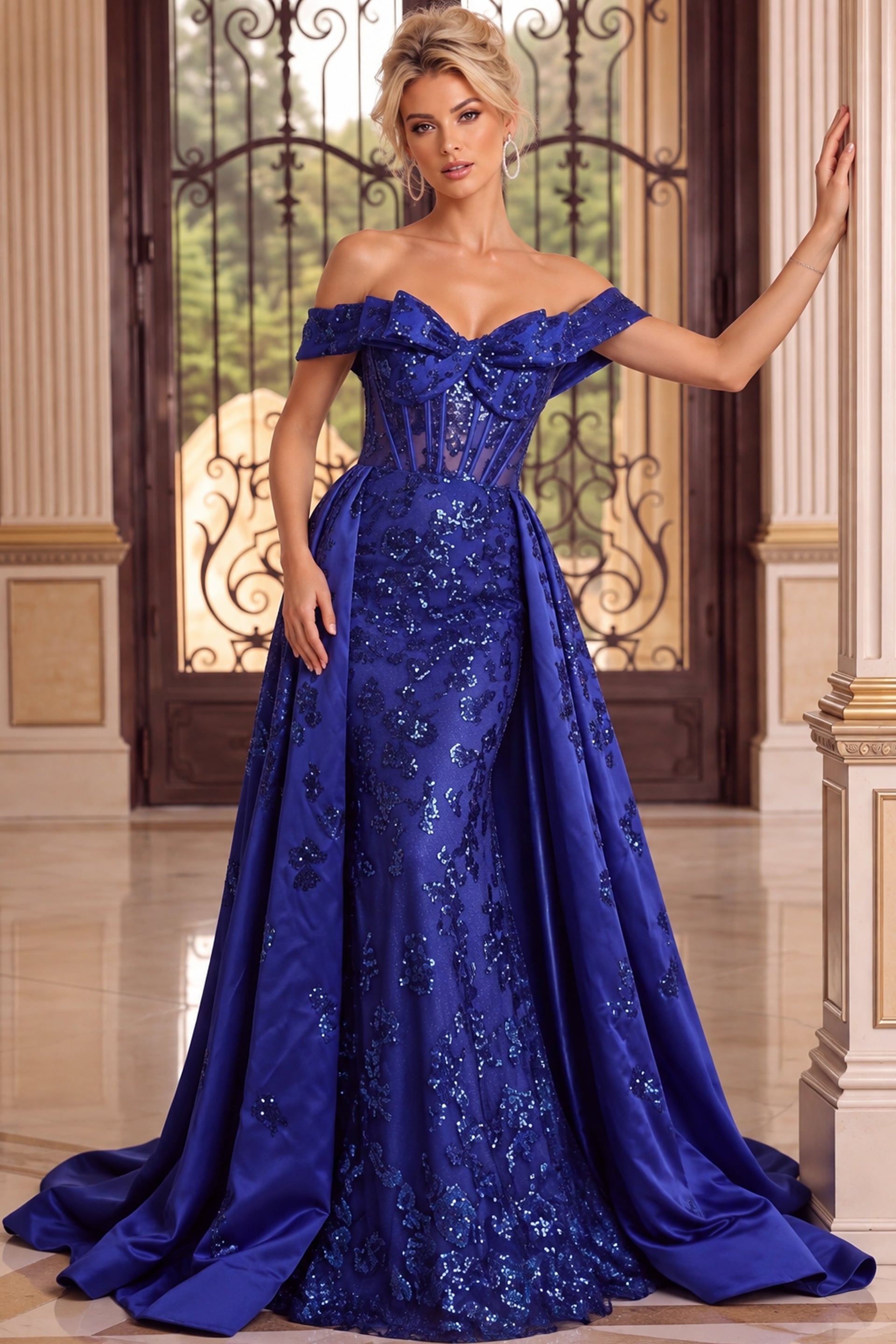 Royal blue off-the-shoulder sequin gown with bow neckline, sheer corset bodice, and dramatic satin overskirt