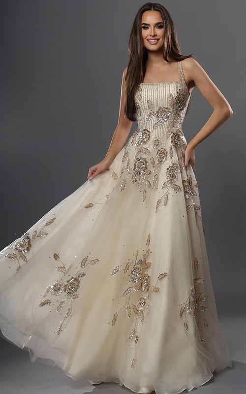 ivory a line long dress with square neck straps sequin floral
