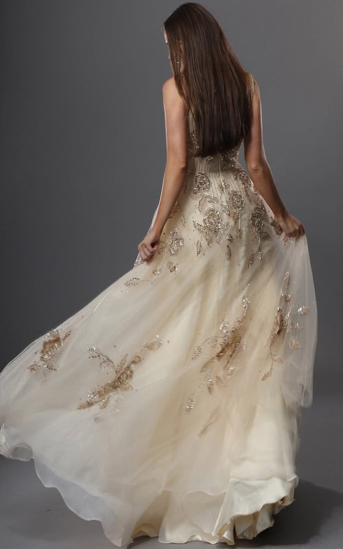 ivory a line long dress with square neck straps sequin floral