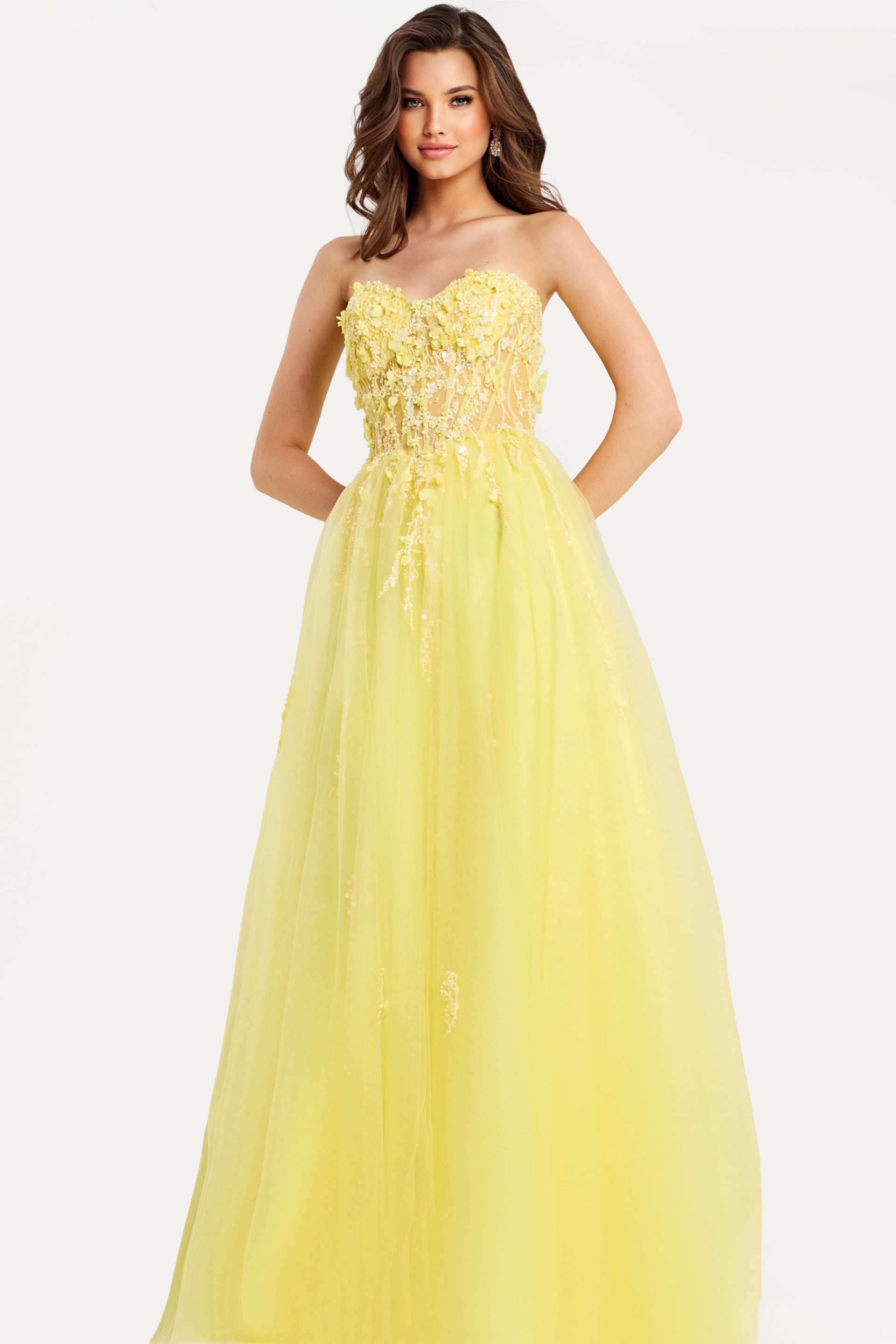49704-1 Strapless Floral Embellished Tulle Gown