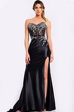 Elegant black prom dress with ruched waist and thigh-high slit