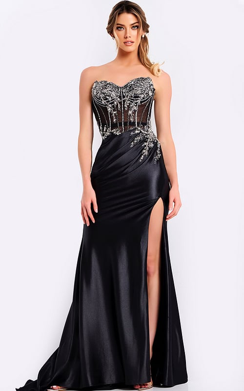 Elegant black prom dress with ruched waist and thigh-high slit