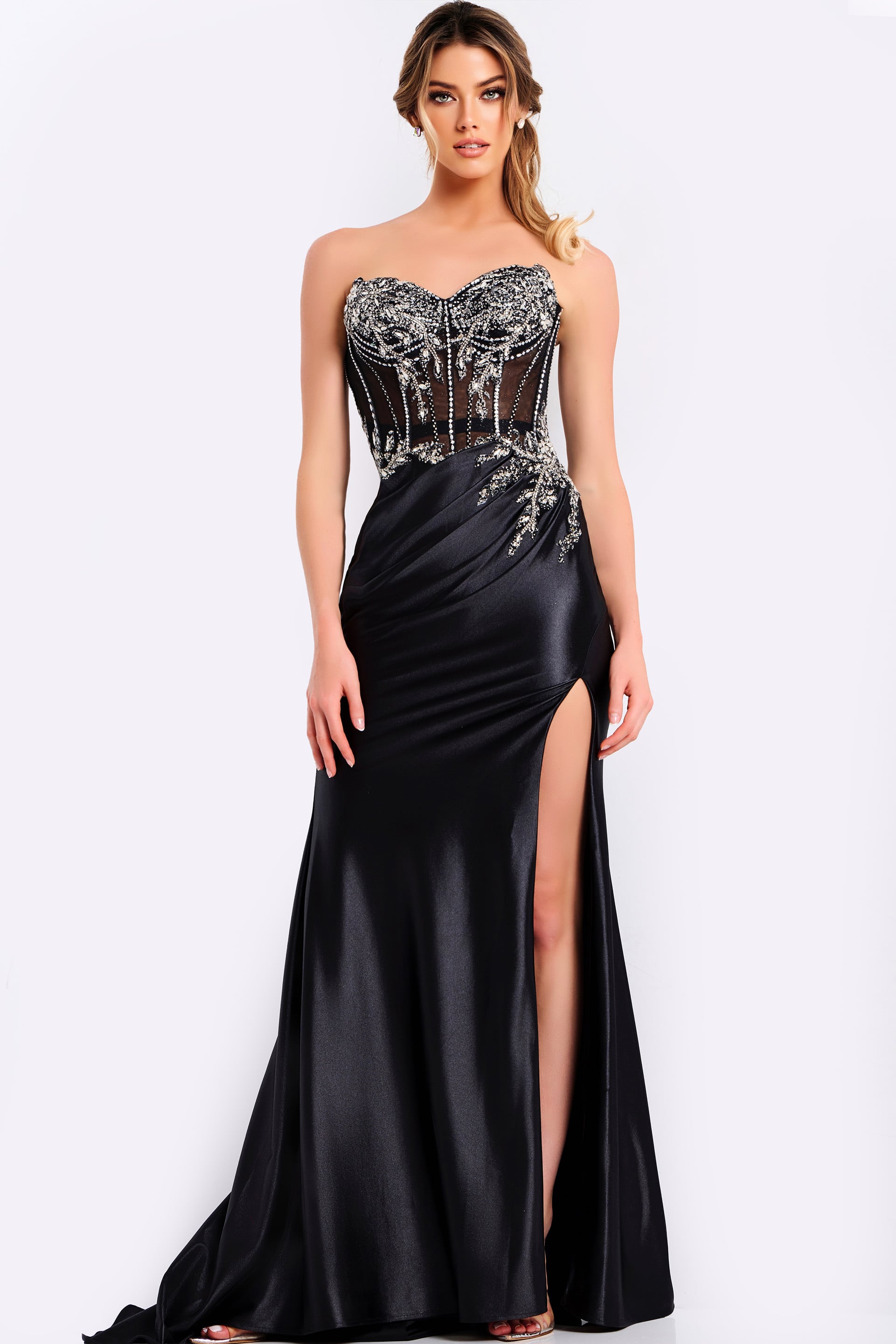 49720-11 Elegant black prom dress with ruched waist and thigh-high slit