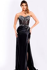 Black strapless prom dress with beaded corset and high slit