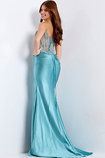 high slit satin dress with embellished sheer corset bodice 49721